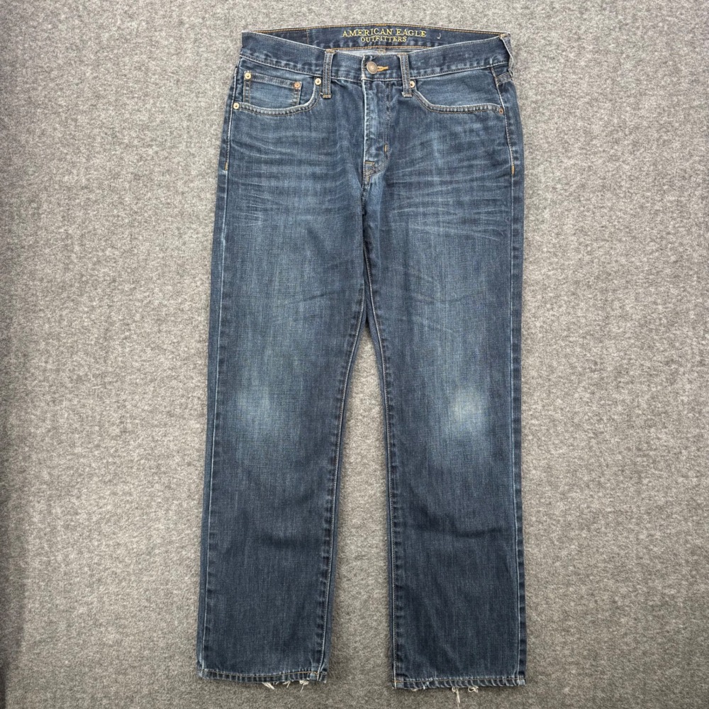 American Eagle Mens Straight Leg Distressed Dark Wash Blue Jeans